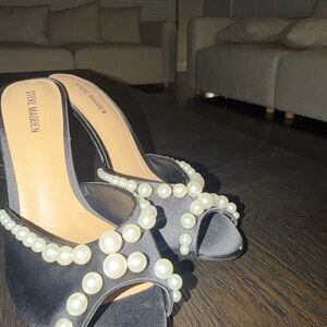 Steve Madden Black Satin Slide Sandals with Pearl Accents